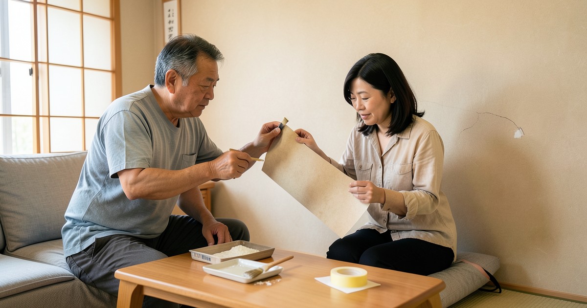 家族で協力して、リビングの壁紙の小さな傷を補修している様子。
