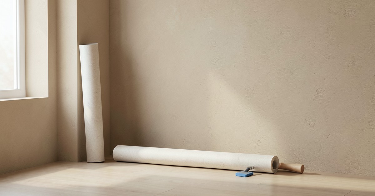 落ち着いたベージュ色のプレーンな壁紙と、壁紙の張り替え用の道具が置かれたシンプルなリビングの風景