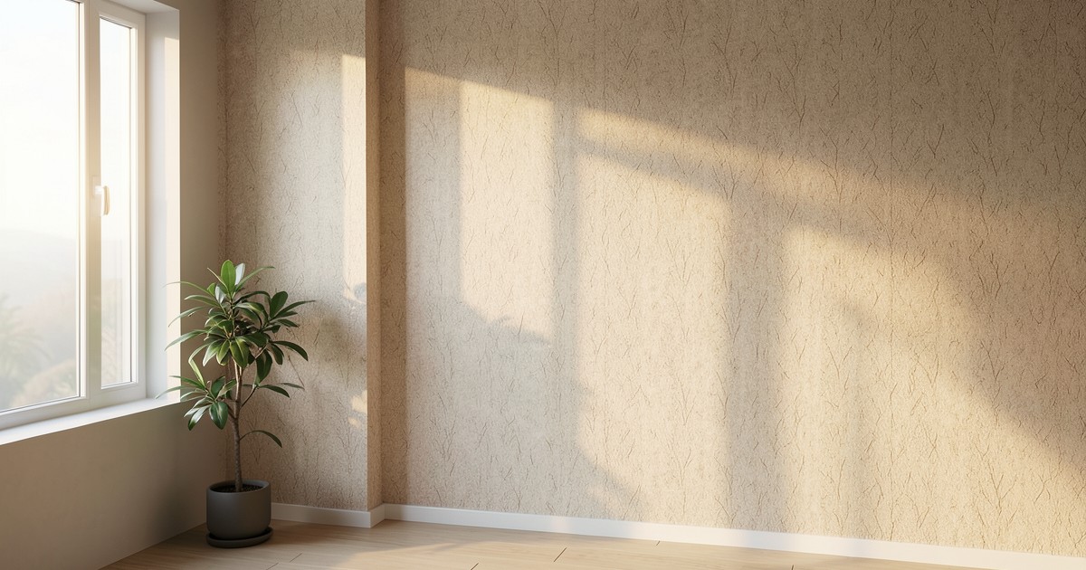 自然な質感の壁紙が貼られた、明るく落ち着いた部屋の風景。