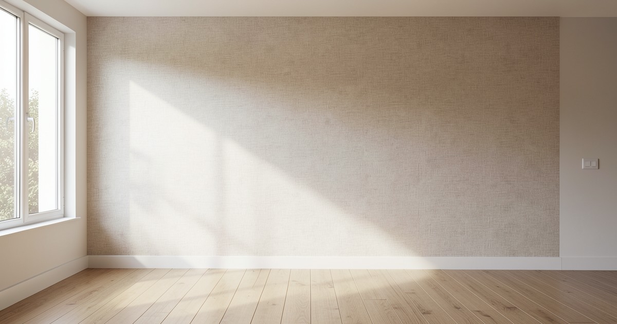 洗練されたテクスチャの壁紙を使用した、明るく落ち着いたモダンなリビングルームの風景